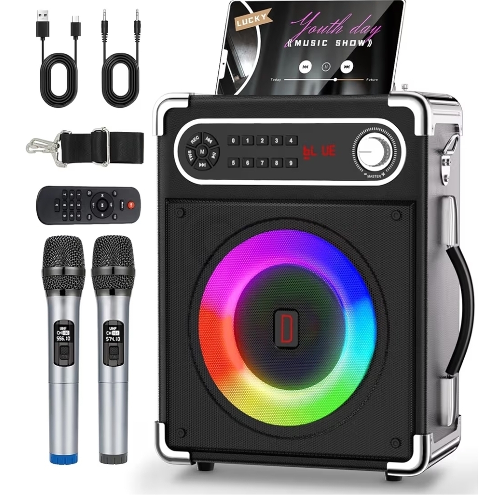 NEW Dynamic Portable Karaoke Machine 2 Wireless Microphone LED Lights Bluetooth